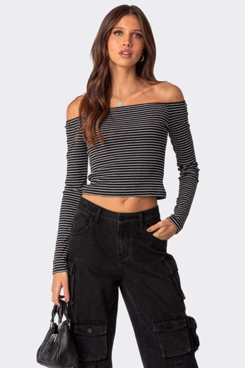Slim Fit Striped Slit Neck Knit Top image 3
