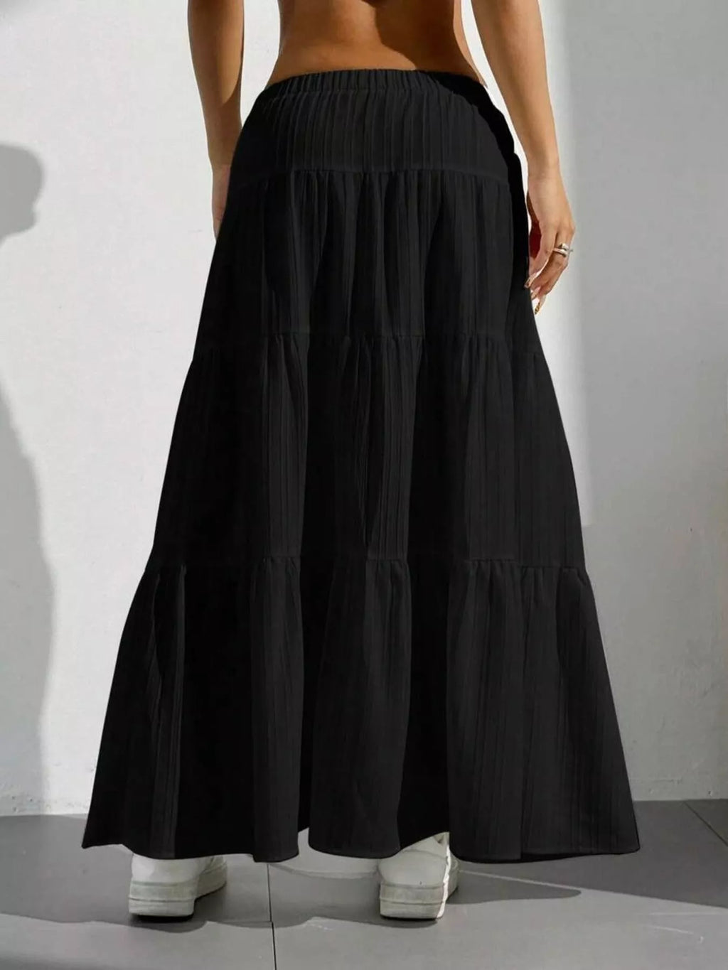 Capri Tiered Maxi Skirt detail view styled for Avrienne