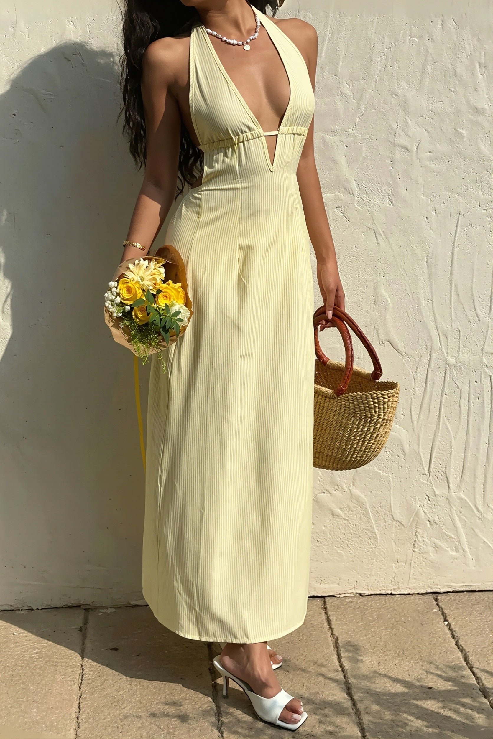 Sexy Stripe Halter Backless Lace Up Maxi Dress image 5