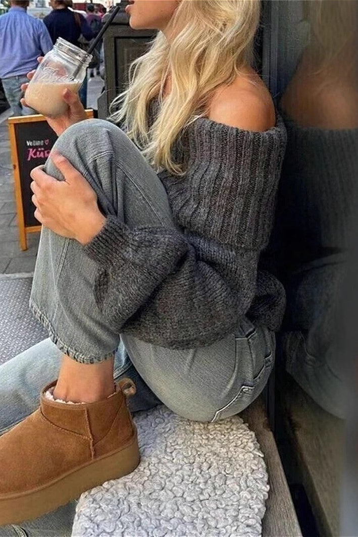 Vintage Off-Shoulder Fitted Long Sleeve Sweater image 4