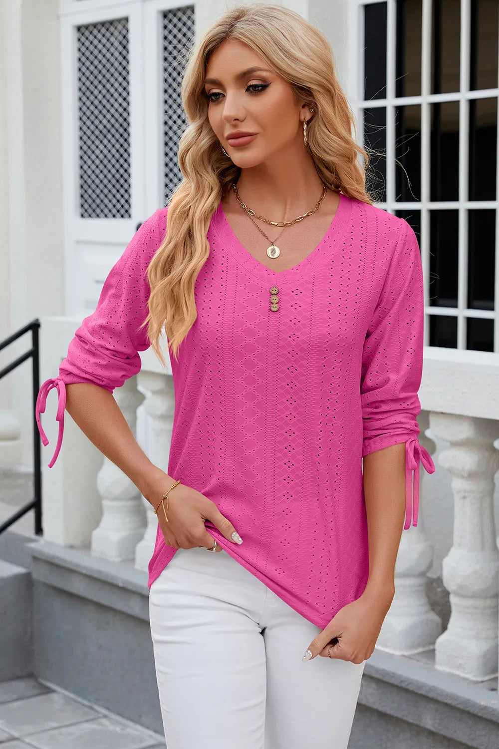 Petra Eyelet Top detail view styled for Avrienne