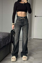Black Grey Washed Leopard Print High Waist Jeans image 4
