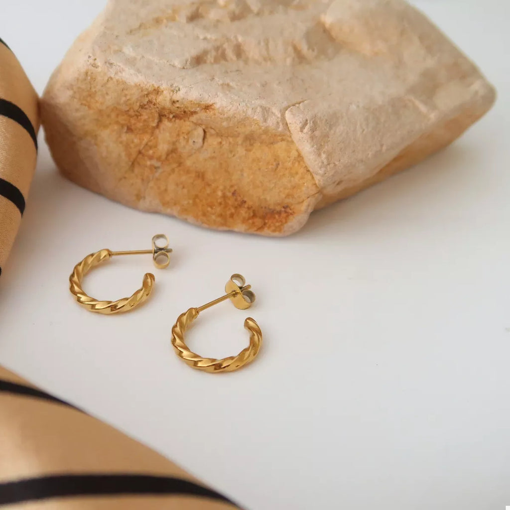 Delphine Hoop Earrings detail view styled for Avrienne