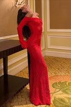 Off Shoulder Lace Flare Sleeve Fitted Train Elegant Maxi Dress image 8
