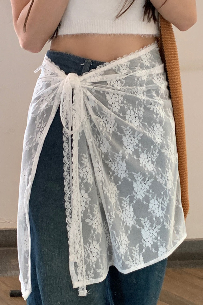 White Lace Apron Skirt with Tie Versatile Half Skirt image 1