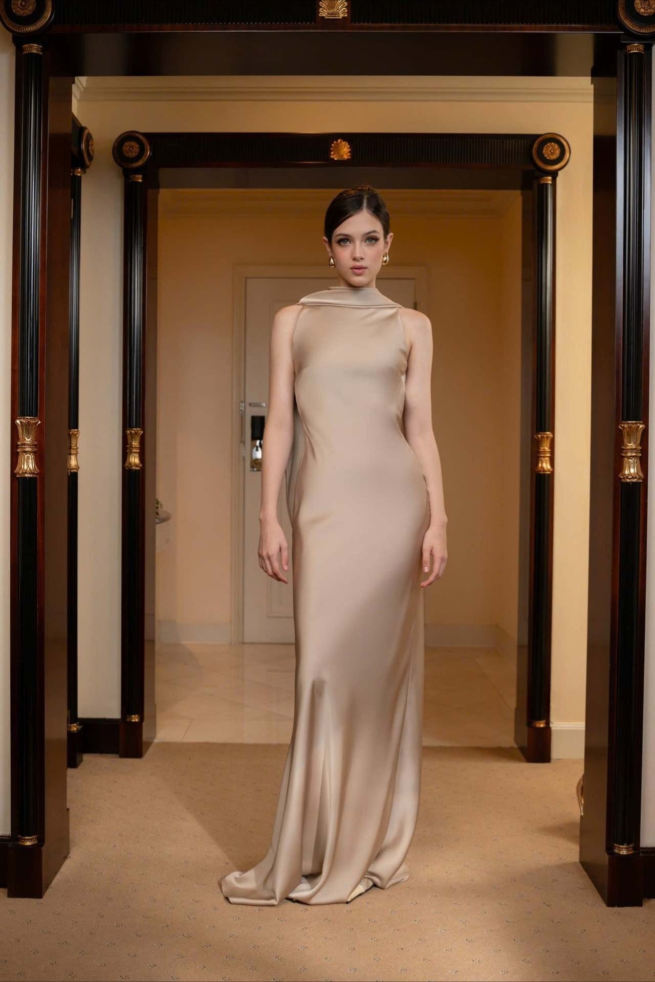 Elegant Solid Color Satin Draped Back Long Prom Dress image 6
