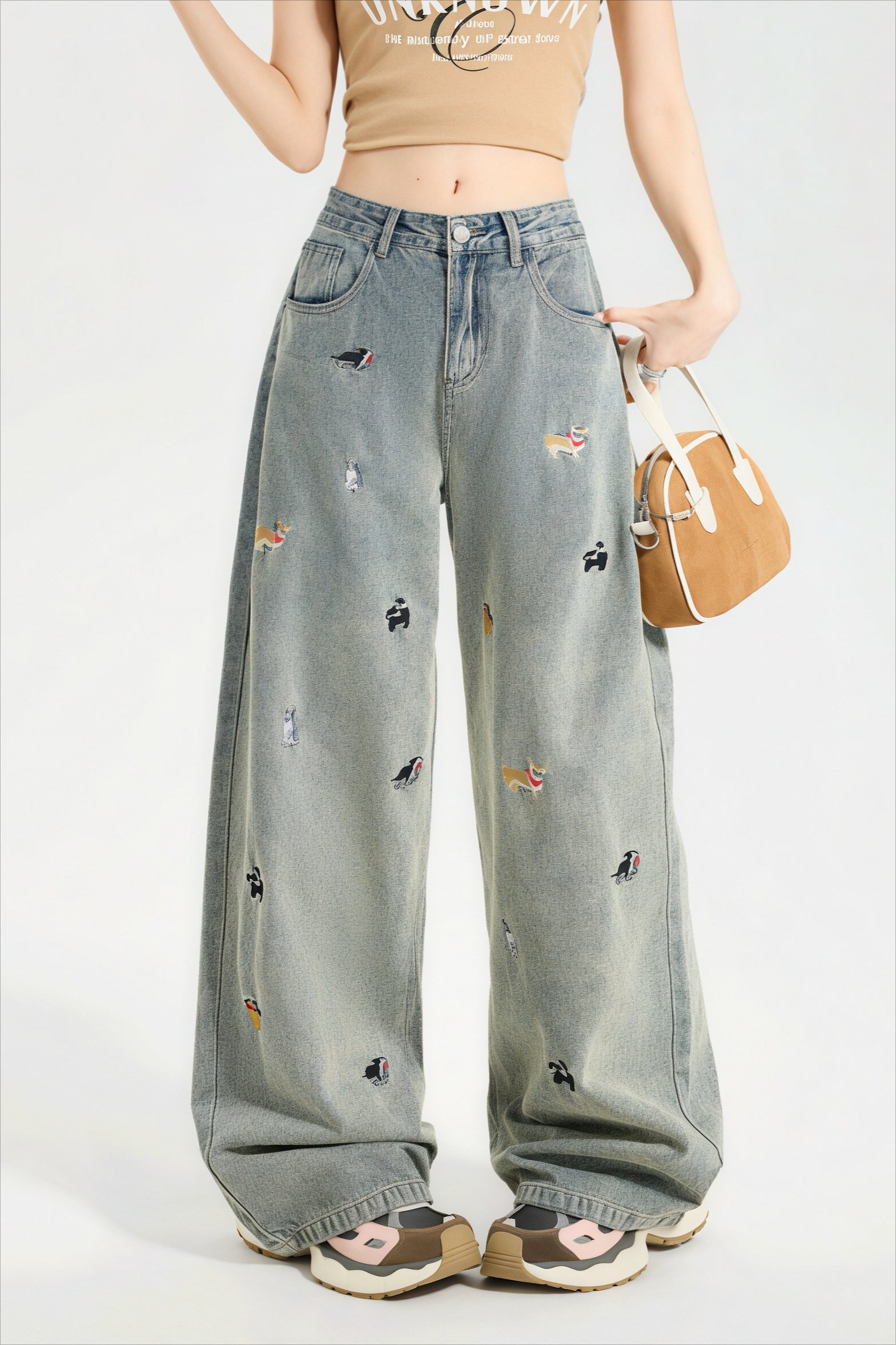 Cute Dog Embroidered Vintage Loose Jeans image 1