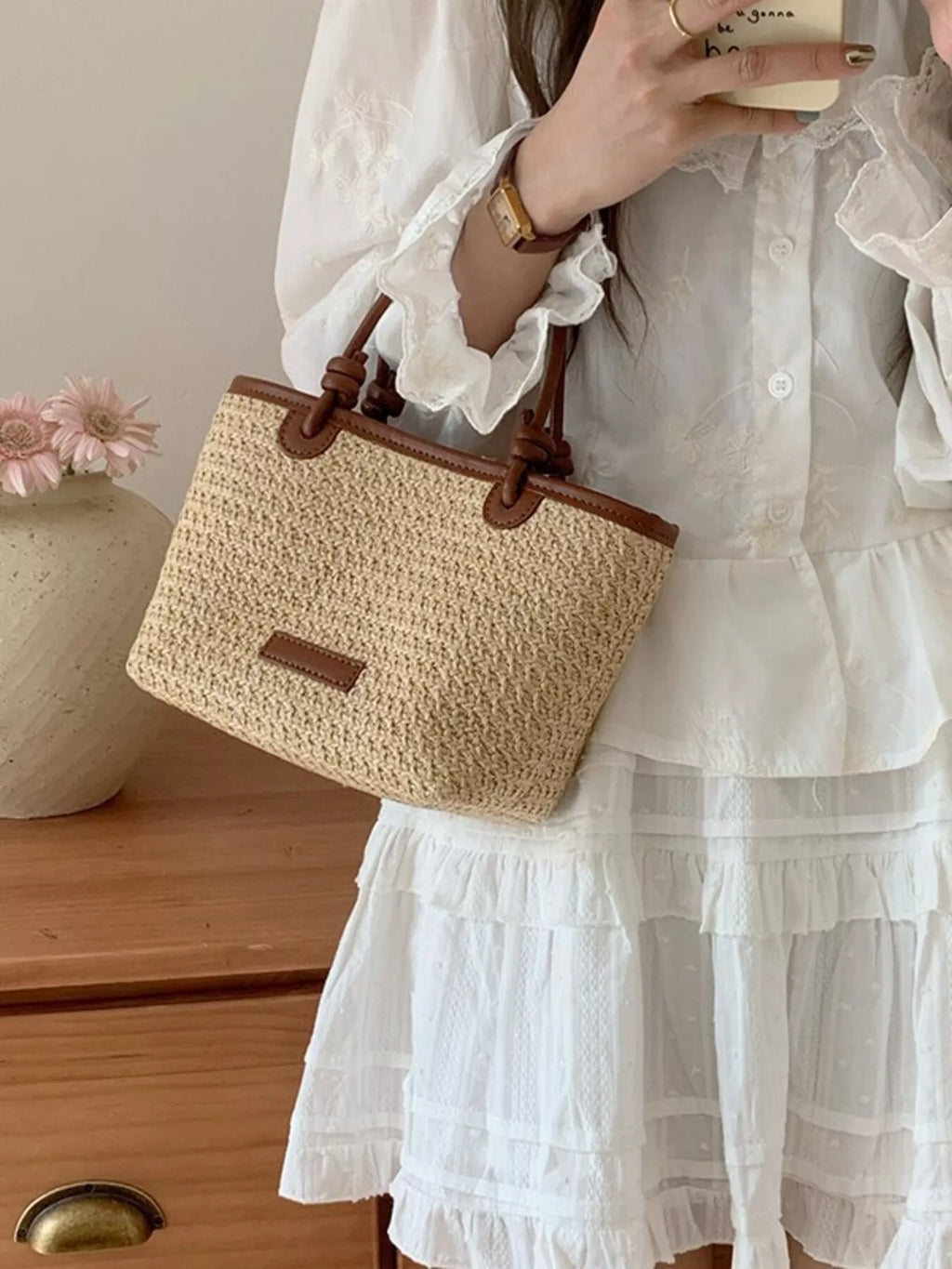 Lumi Straw Crossbody detail view styled for Avrienne