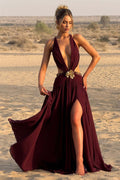 Halter Deep V Tie Backless High Slit Maxi Dress image 1