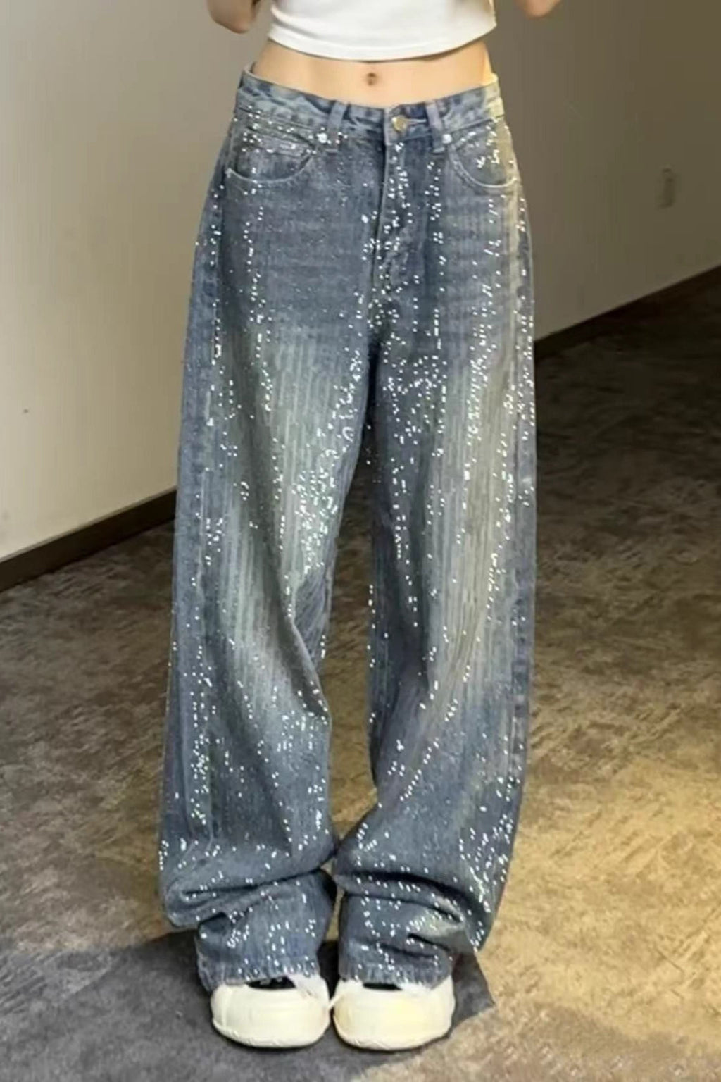 Sparkly All Rhinestone Washed Loose Wide Leg Jeans image 1