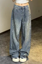 Sparkly All Rhinestone Washed Loose Wide Leg Jeans image 1