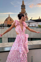 Ruffle Trim Deep V Floral Dress image 3