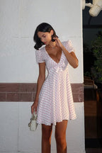 Sexy Deep V Puff Sleeve High Waist Polka Dot Mini Dress image 6