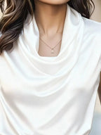 Isadora Satin Blouse detail view styled for Avrienne