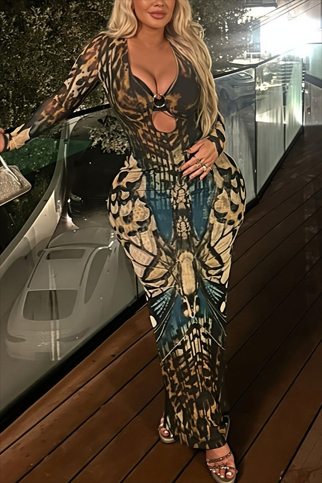 Animal Print Buckle Cutout Slit Maxi Dress image 4
