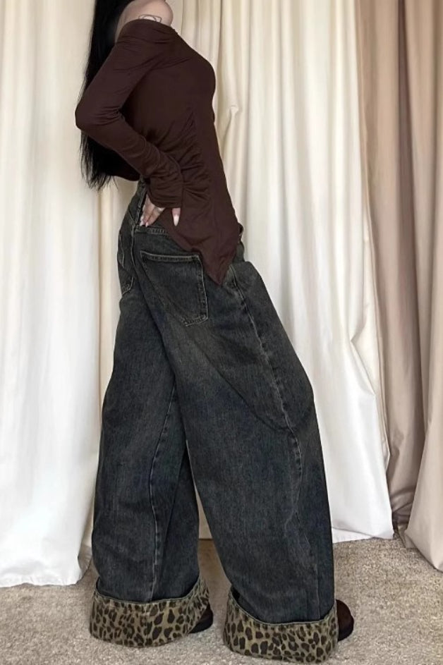 Patchwork Vintage Leopard Cuffed Wide Leg Jeans image 4