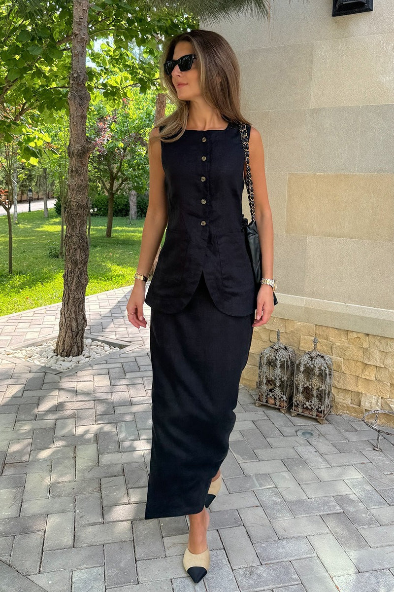Simple Linen Vest High Waist Skirt Set image 9