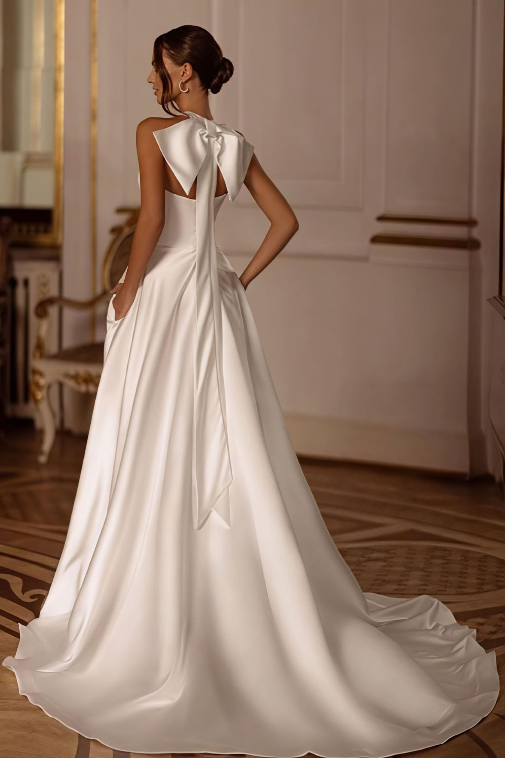 Elegant Satin Halter Train Reception Dress image 2