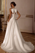 Elegant Satin Halter Train Reception Dress image 2