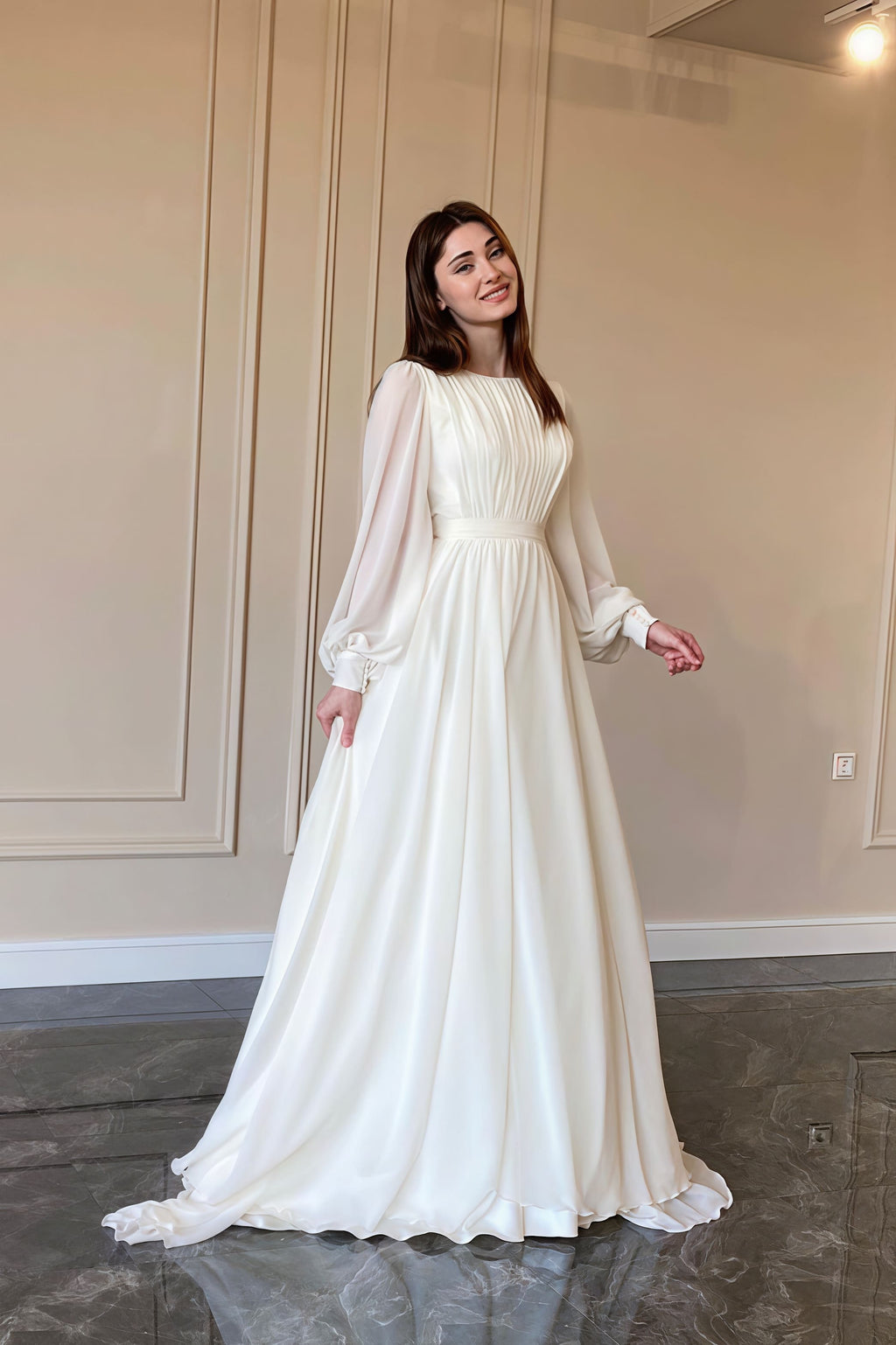 Minimalist Flowy Silky Retro Long Sleeve Reception Dress image 1