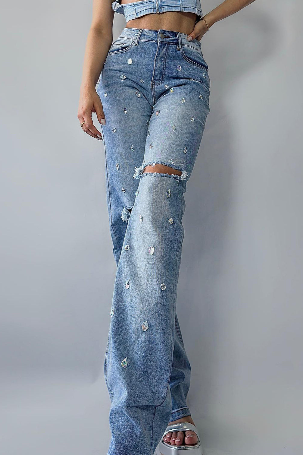 High Waist Rhinestone Ripped Jean image 4