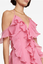 Deep V Halter Pink Ruffle Maxi Dress image 4