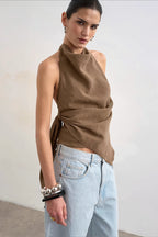 Cowl Neck Backless Asym Draped Halter Top image 5