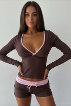 Cross V Neck Contrast Slim Long Sleeve Two Piece Set image 4