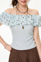 Mint Polka Dot Ruffle Off Shoulder Blouse image 2