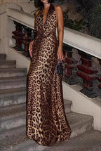 Halter Deep V Backless Leopard Print Tie Maxi Dress image 1