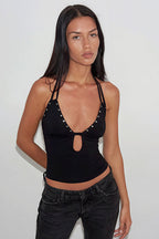 Rivet Backless Solid Cropped Halter Top image 2