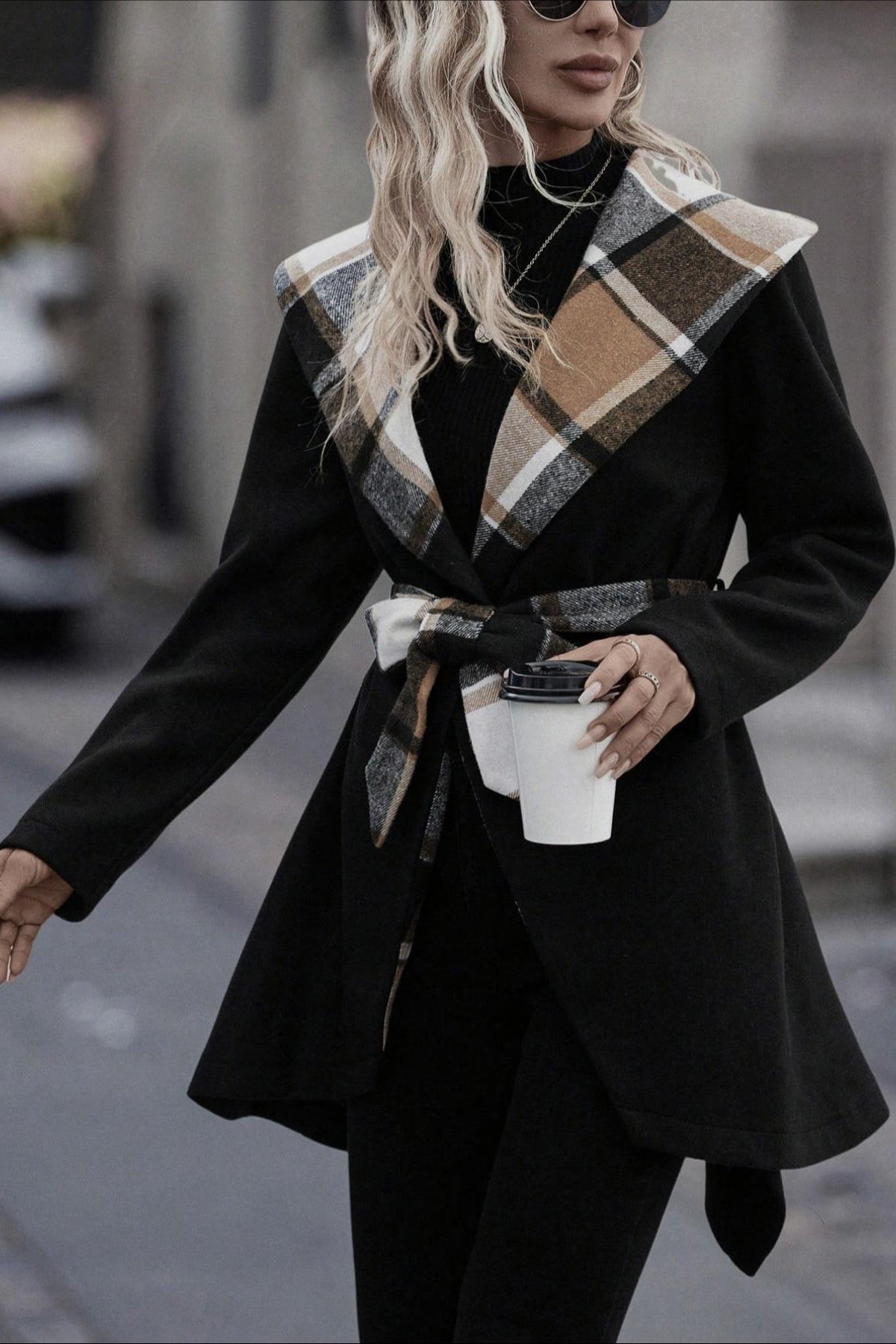 Plaid Patchwork Belted Wool Coat image 2