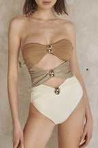 Elegant Gold Button High Waist One Piece Set image 2