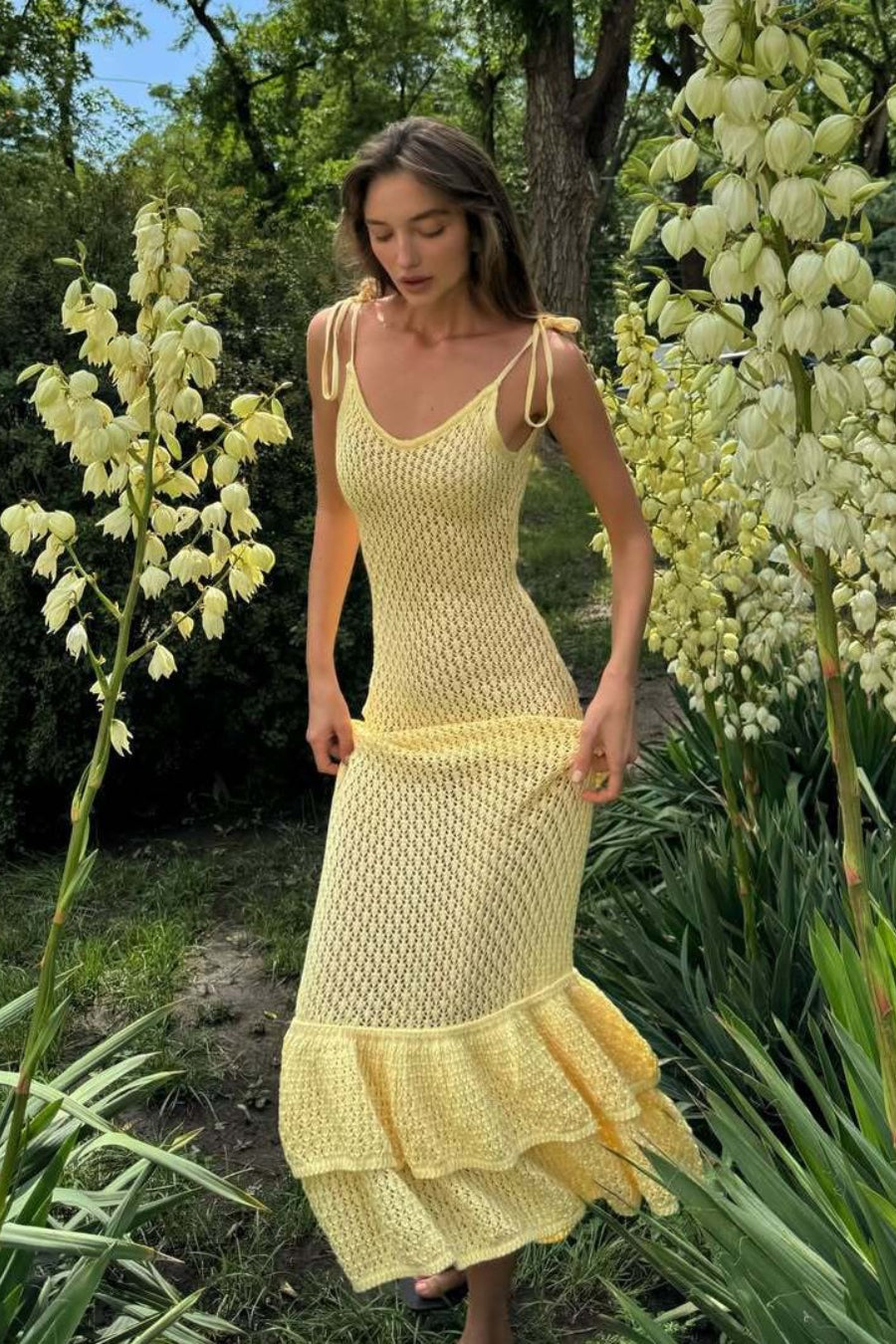 Boho Ruffle Knit Sexy Cutout Sheer Cami Maxi Dress image 5