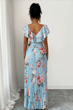 Floral Print Ruffle Sleeve V Neck Pleated Elegant Maxi Dress image 9