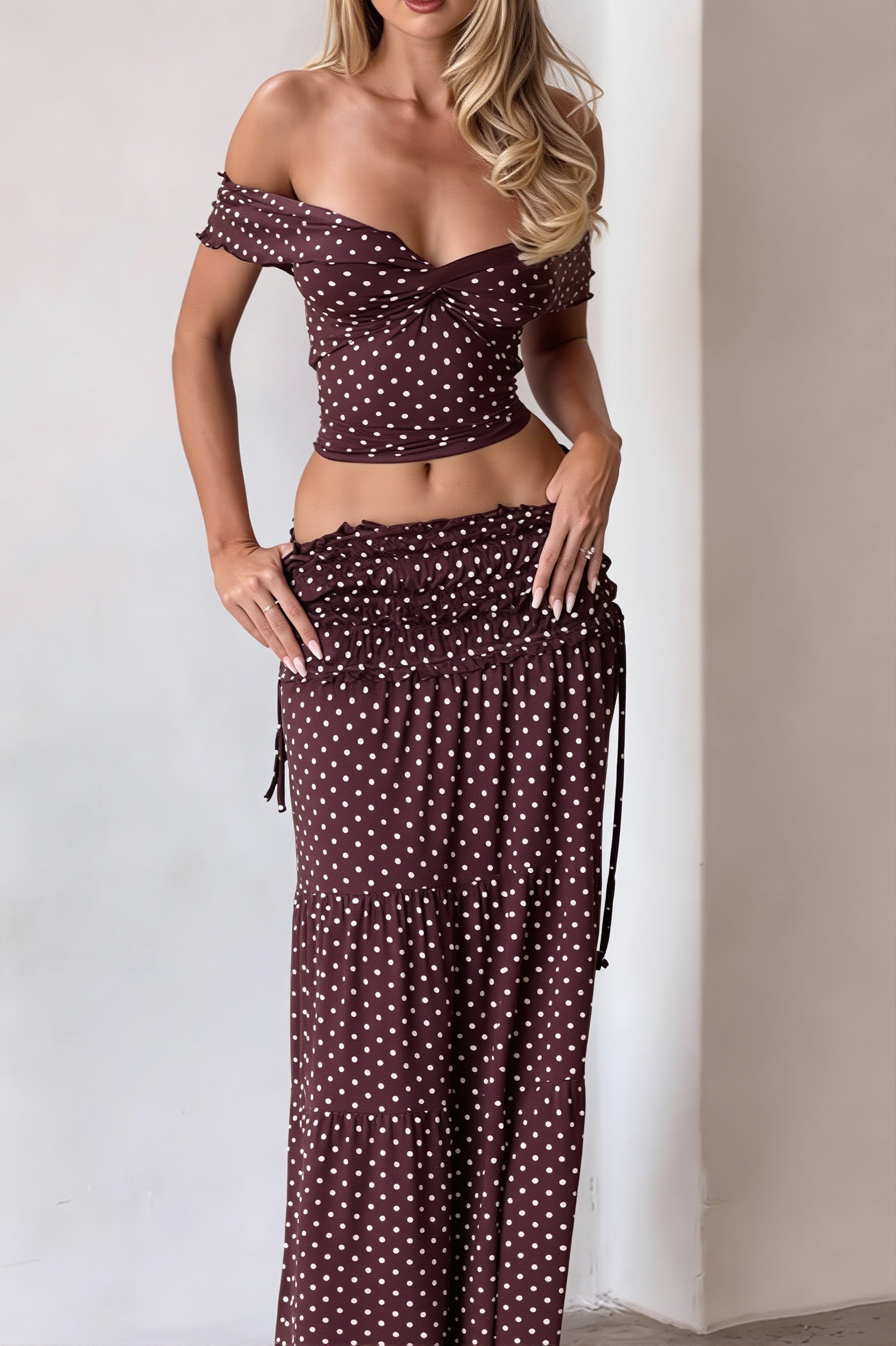 Sexy Off Shoulder Crop Top Polka Dot Fish Tail High Rise Skirt Sets image 5