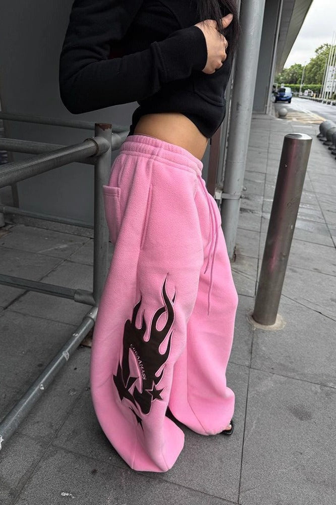 Thickened Flame Print Drawstring Wide-Leg Pants image 3