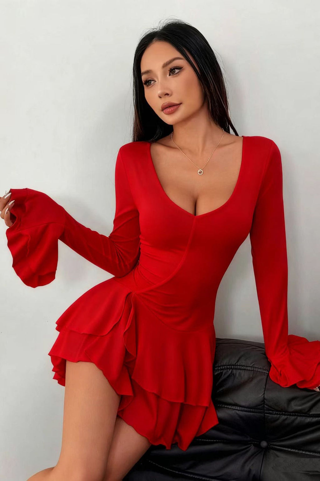 High Waist Slim Fit Solid Color Long Sleeve Mini Dress image 1