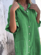 Marseille Linen Shirt Dress detail view styled for Avrienne