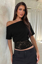 Asymmetric Off Shoulder Lace Waist Slim Crop T-shirt image 5