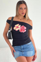 Chic Off Shoulder Floral Print Crop T-shirt image 2