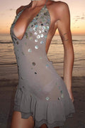 Sexy Halter Backless Sequin Ruffle Mini Dress image 2