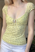 Vintage Cutout Tie Waist Yellow Floral Blouse image 1