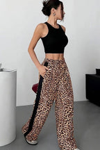 Stylish Leopard Print Black Trim High-Waisted Wide-Leg Pants image 4