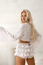 Floral Tie Front Cropped Long Sleeve Ruffled Top Cake Shorts Two Piece Set image 3