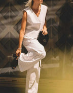White Print V-Neck Sleeveless Trousers Office Two Piece Set image 2
