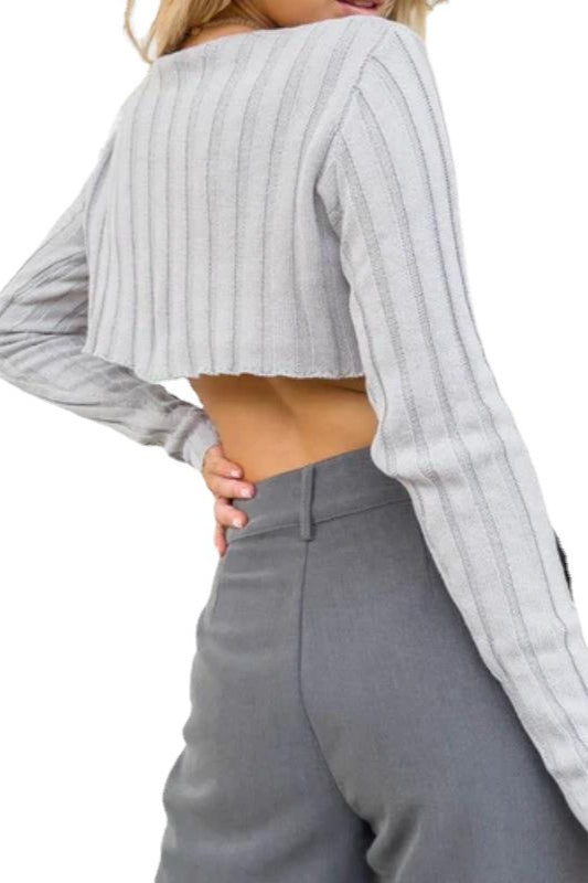 Solid Ribbed Cropped Knit Sweater image 3