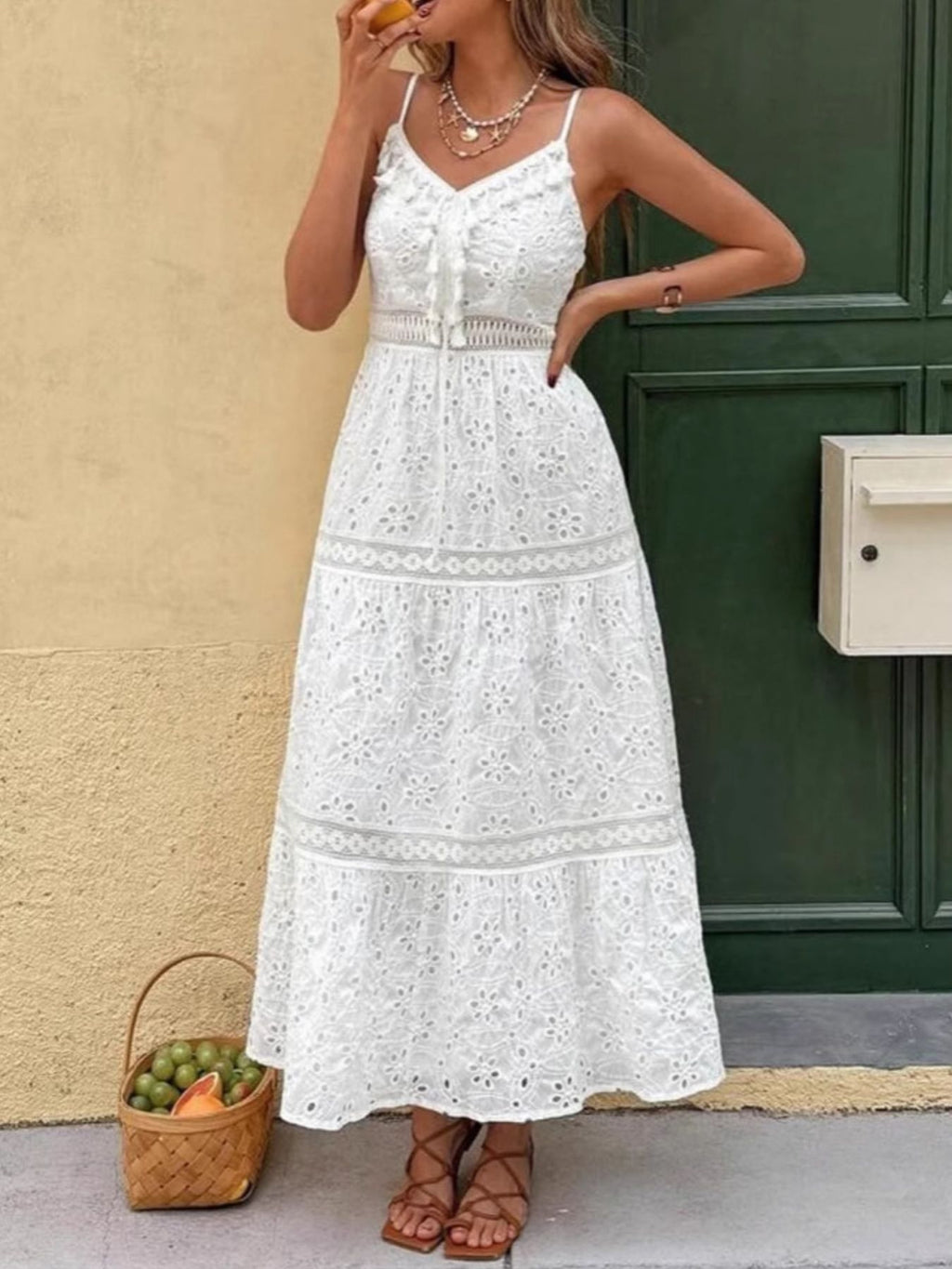Carina Eyelet Dress detail view styled for Avrienne
