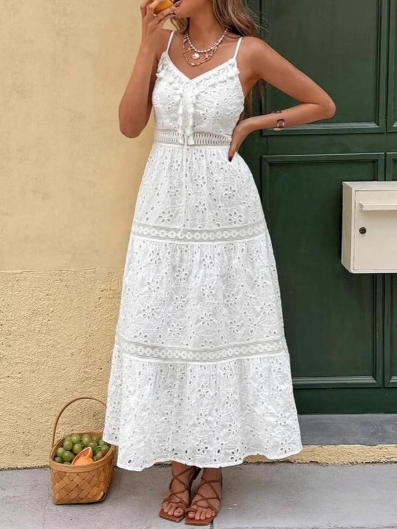 Carina Eyelet Dress detail view styled for Avrienne