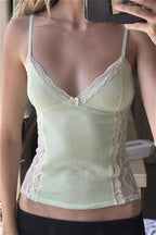 Knit Lace Patchwork Solid Sheer Cami Top image 2